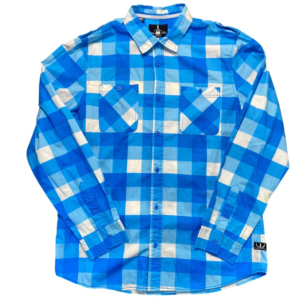 Buffalo David Bitton Jeans Romeo Mens XL Blue White Plaid Button Up Shirt Cotton
